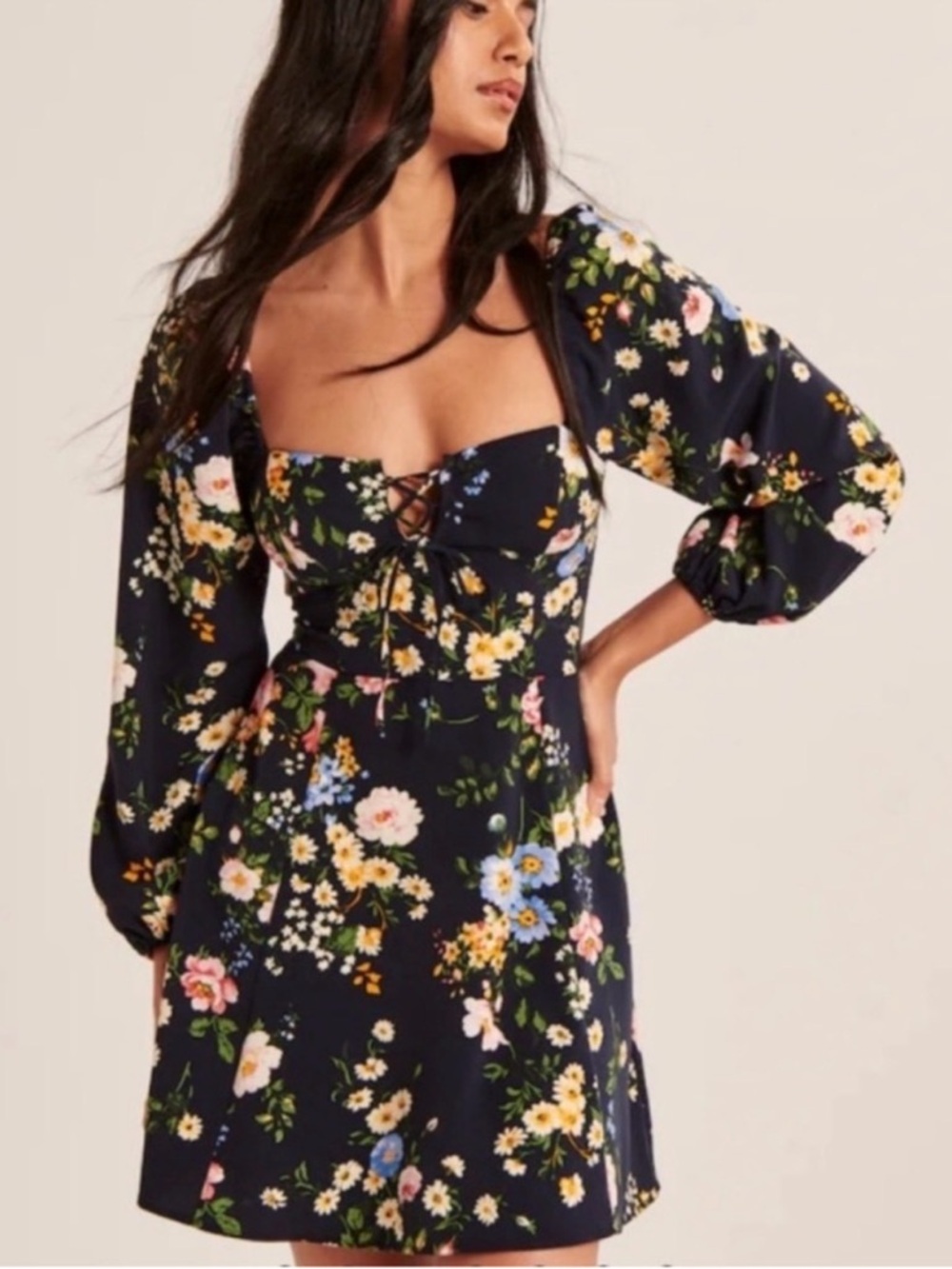 Abercrombie & Fitch Navy Floral Long Sleeve Flirty Lace-Up Mini Dress Sz M